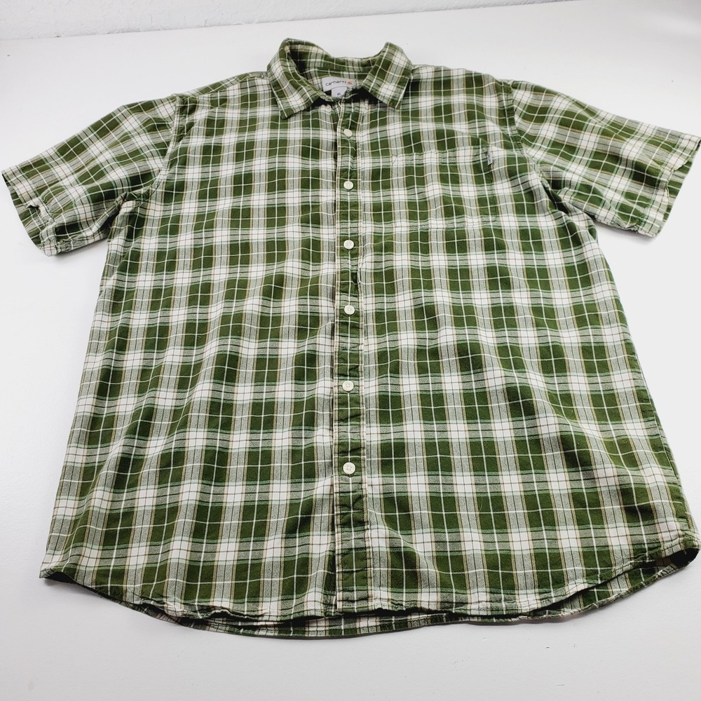 Carhartt Men‎ Shirt Green Plaid Short Sleeves Size XL Front Pocket Chest Casual
